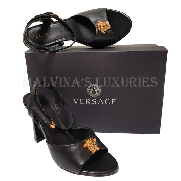 VERSACE SHOES BLACK LEATHER w MEDUSA HIGH HEEL SANDALS 38 / US 8 - Picture 11 of 12